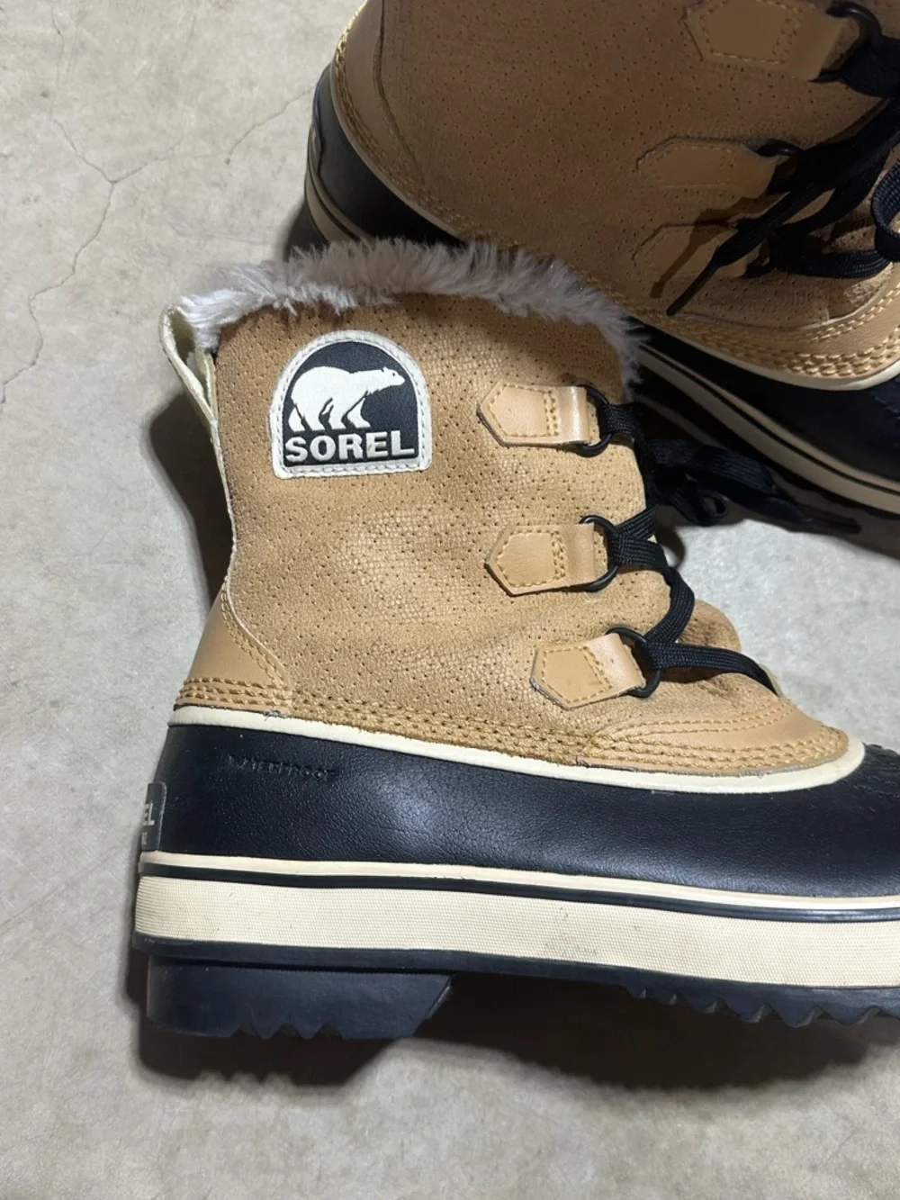 SOREL Tivoli Insulated Two-Tone Waterproof Boots in Tan and Black